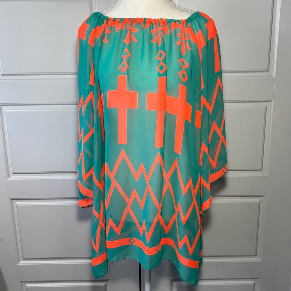 RRouge Teal Neon Orange Cross Tribal Print Off Shoulder Tunic Top 1XL‎